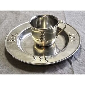 Vintage Selandia 18/8 Stainless Baby Plate Cup Bunnies Children Easter